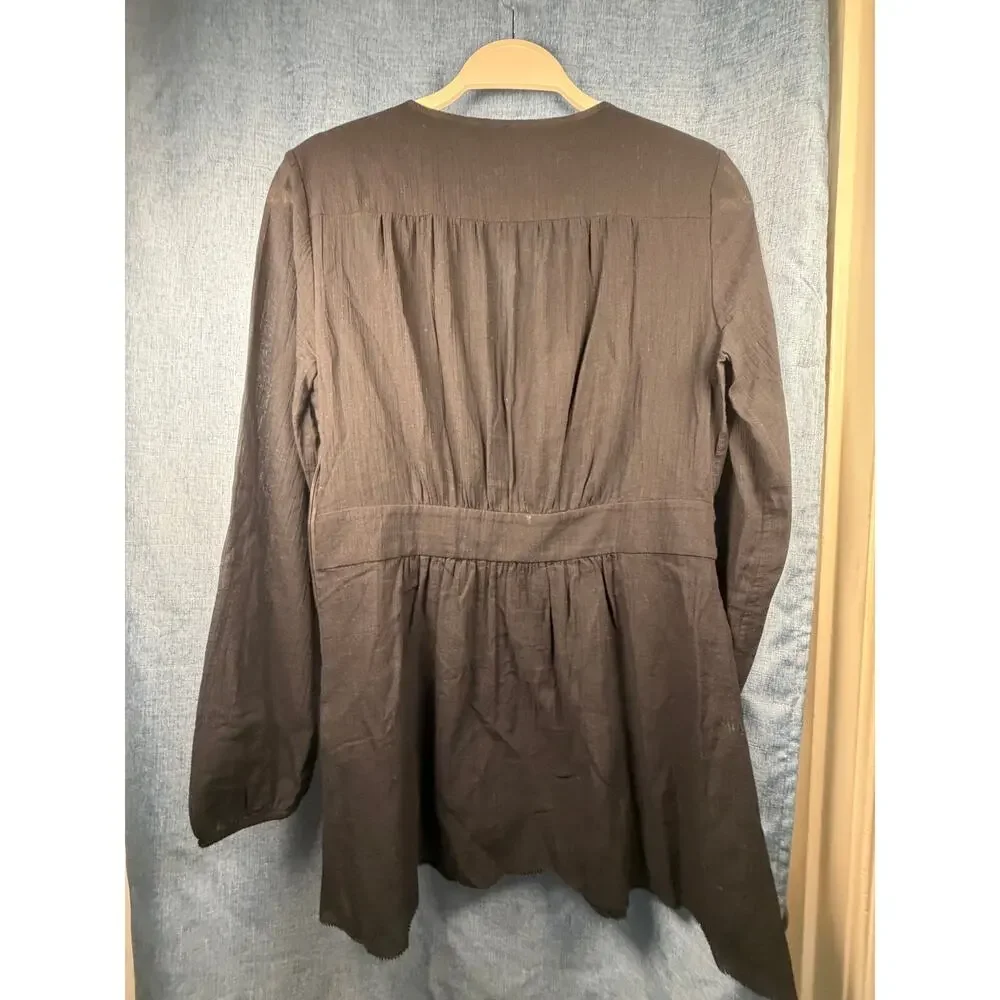 Vintage Black Embroidered Boho Peasant‎ Mini Dress Pom Pom Tassel Tunic
